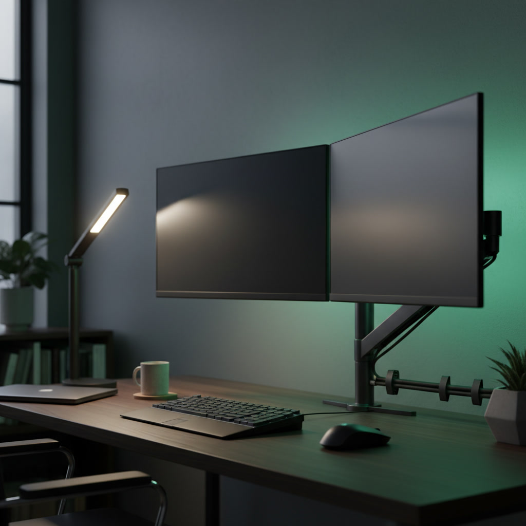 Workspace visual for Dual Monitor Arms for Rented Apartments