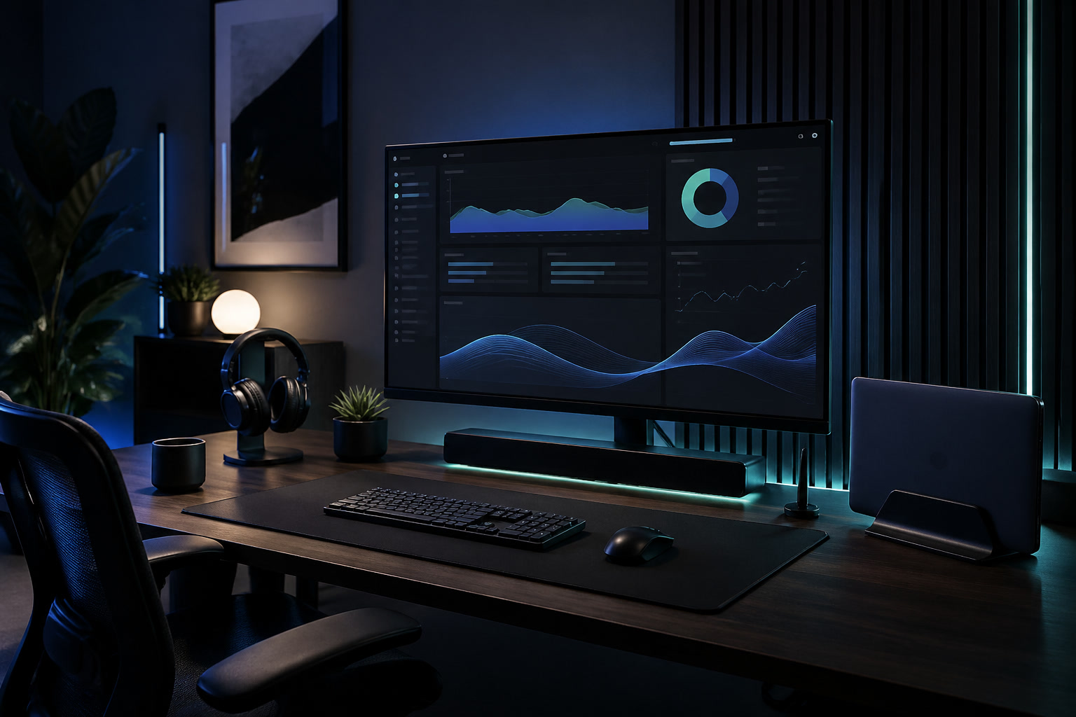 Connected desk workspace console with monitor, notebook, and work tools